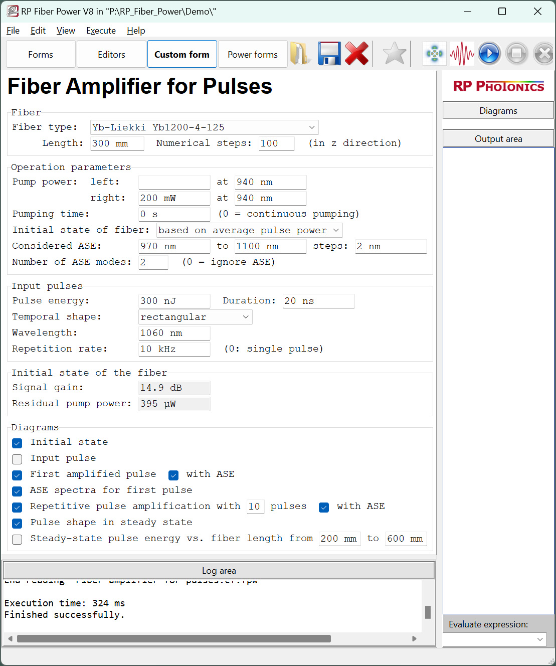 custom form for fiber amplifier calculations
